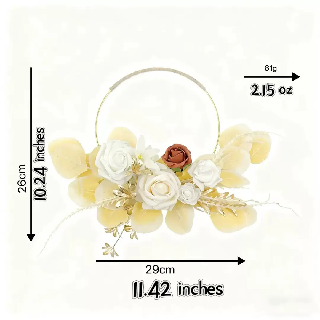 Boho Floral Hoop Wreath with white roses, terracotta rose, gold leaves, and soft yellow pampas petals on a gold metal ring