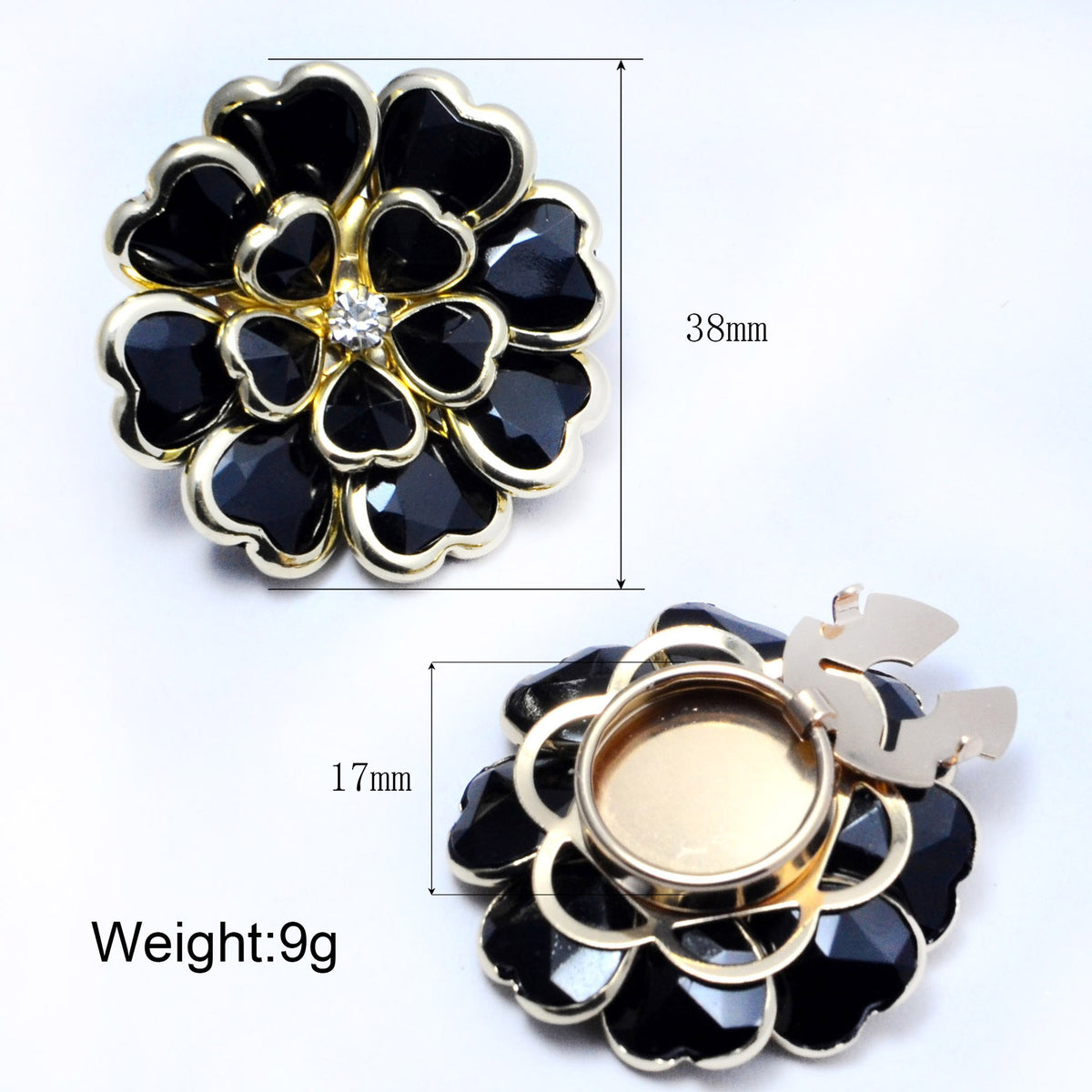 Black and gold flower decorative button with faceted petals and rhinestone center, 38mm