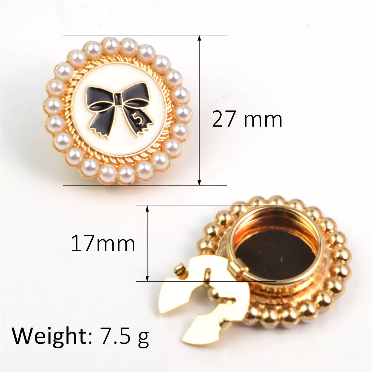 Pearl Bow Button Set – Gold & Black/White Enamel
