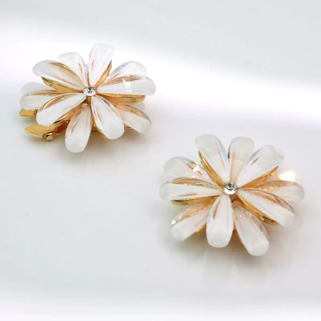 Pearl Rhinestone Flower Clip Button – Gold & White, 46mm