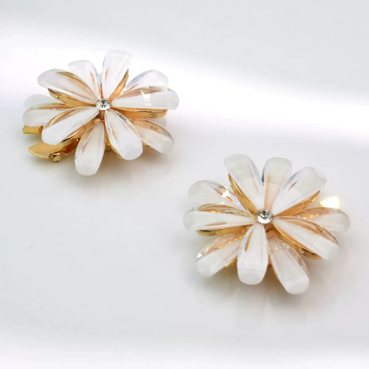 Pearl Rhinestone Flower Clip Button – Gold & White, 46mm