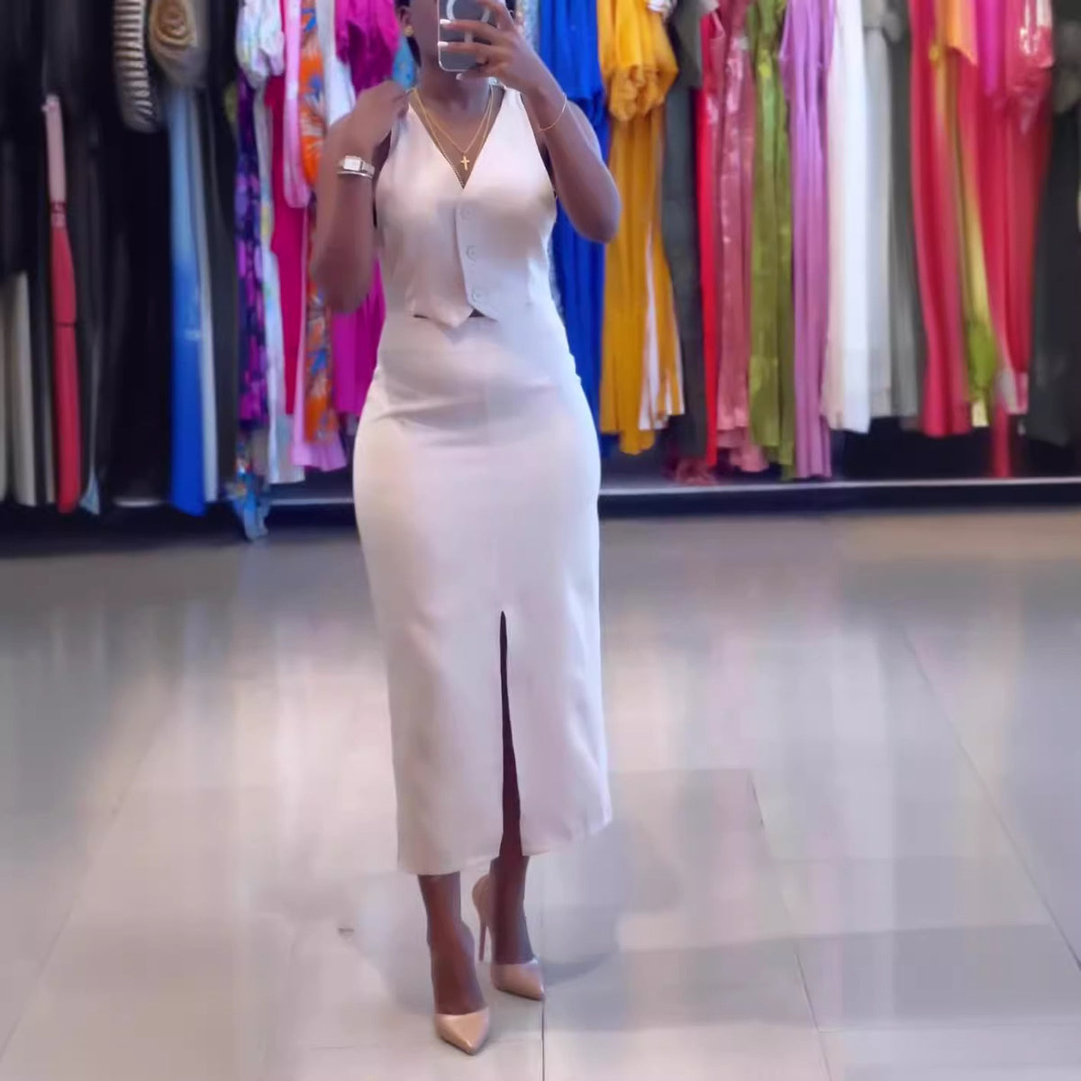 White Front Slit Midi Dress with Vest Overlay