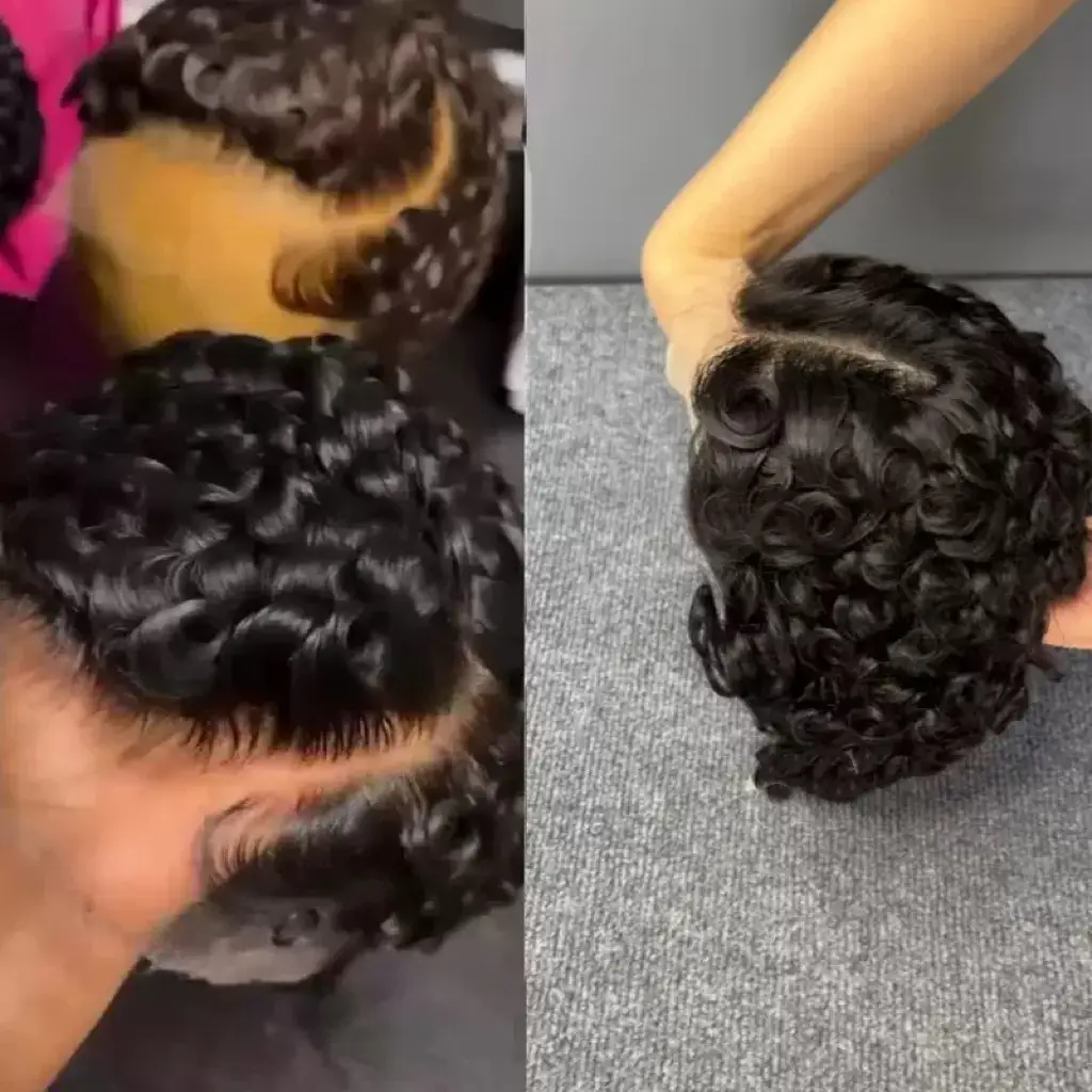 Bouncy curl short wig showcasing tight, defined curls from two angles