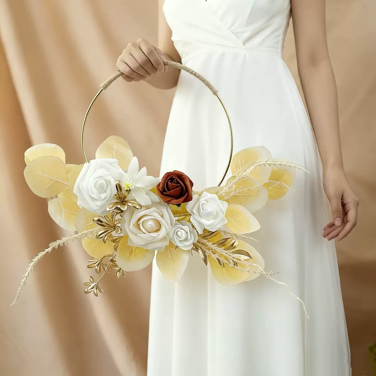 Boho Floral Hoop Wreath with Roses & Pampas