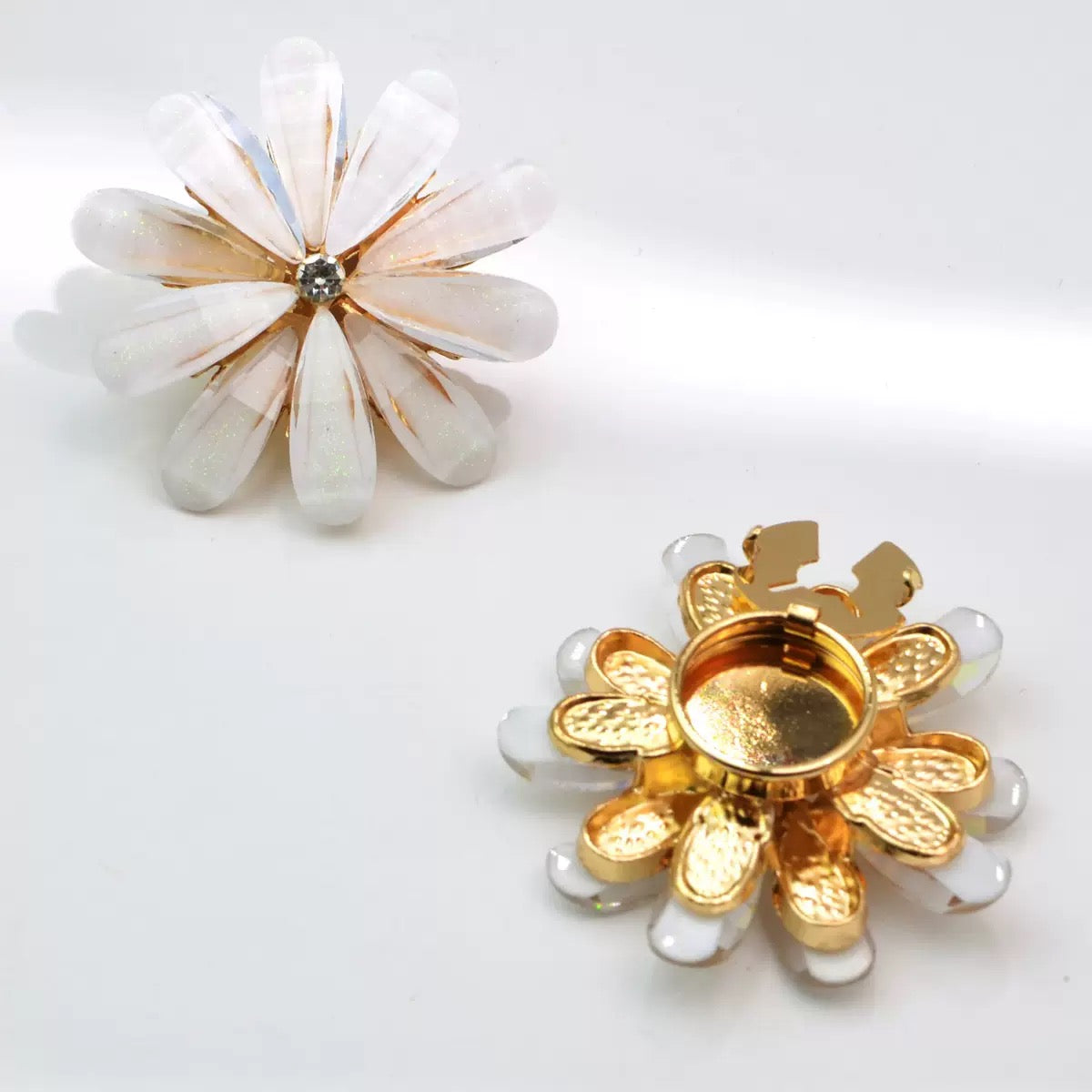 Pearl Rhinestone Flower Clip Button – Gold & White, 46mm