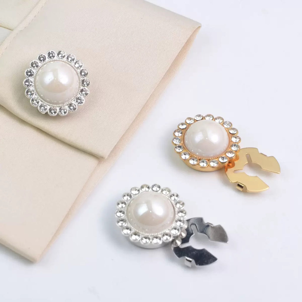 Pearl rhinestone clip buttons in silver and gold