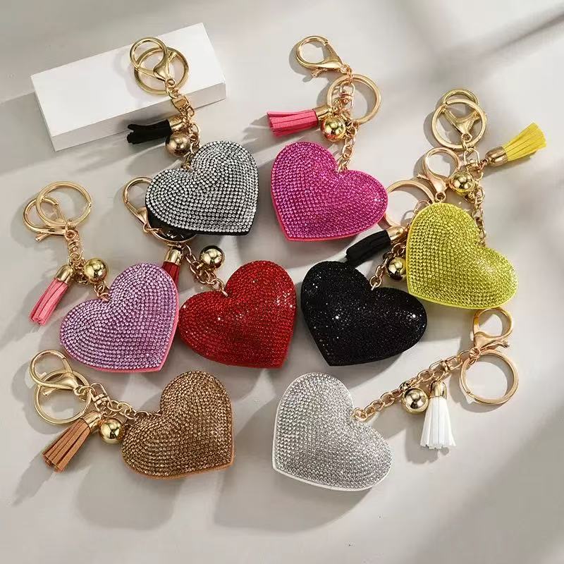 Rhinestone heart keychains in multiple colors with gold chain and tassel